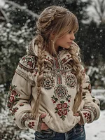 Women's Vintage Ethnic Floral And Viking Rune Embroidered Hooded Sweater