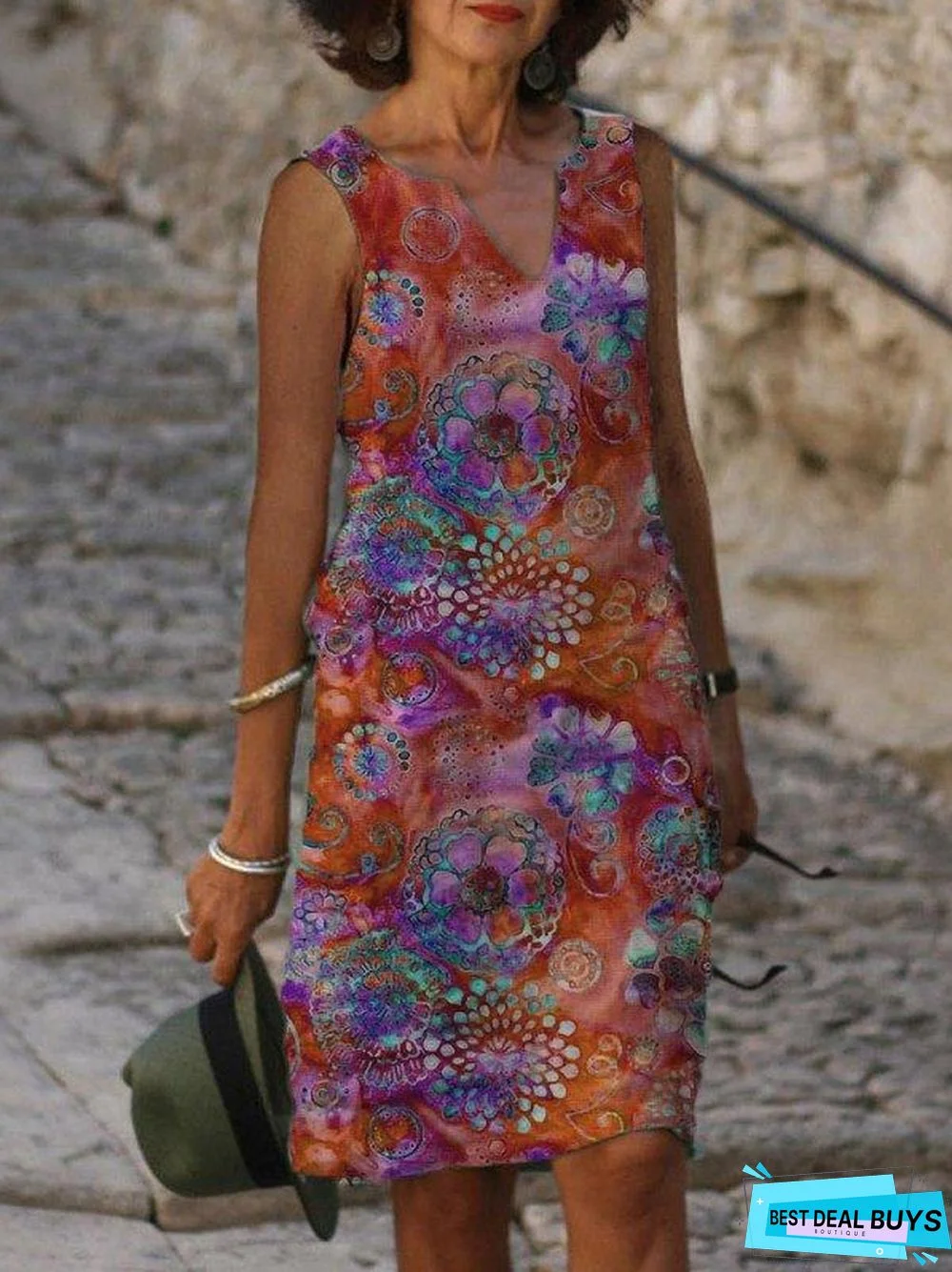 Fashion Beach Style Printed V Neck Sleeveless Midi Dress