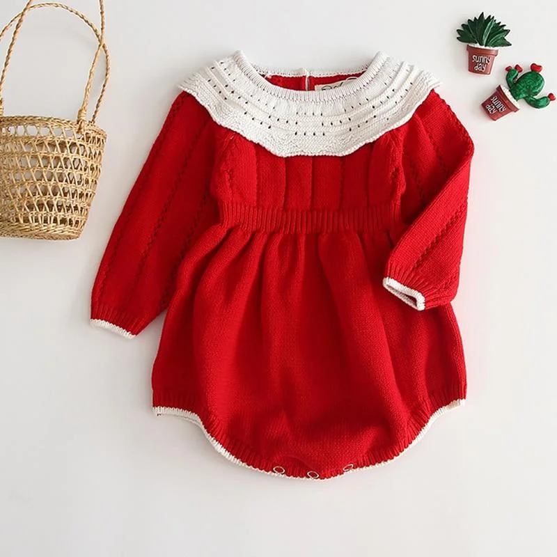 Baby Girls Knitted Bodysuit 2021 Spring Infant Newborn Long Sleeve Solid Ruffled Jumpsuit Outfit Set Baby Spring Autumn Clothing
