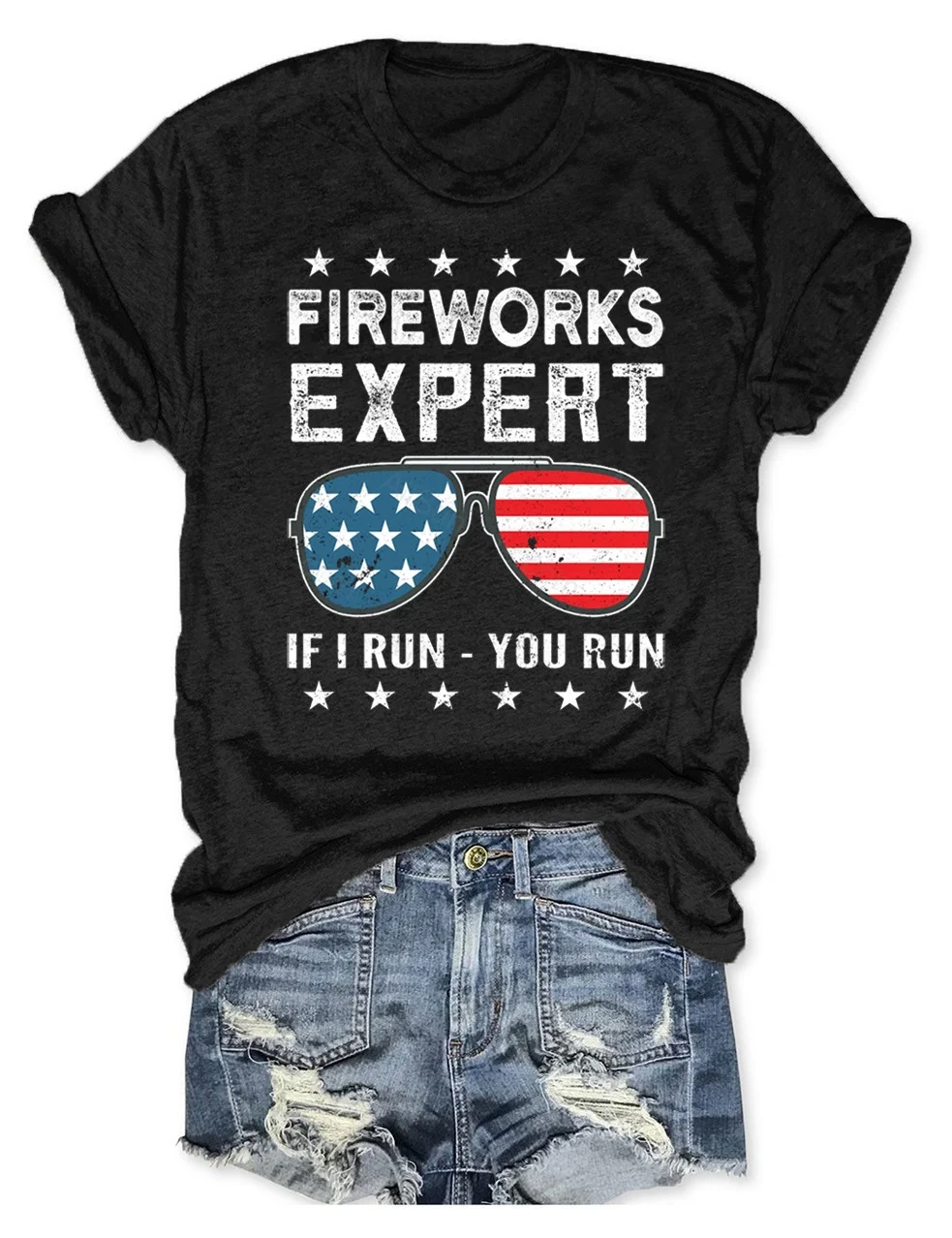 Fireworks Expert If I Run You Run American Flag Sunglasses T-Shirt