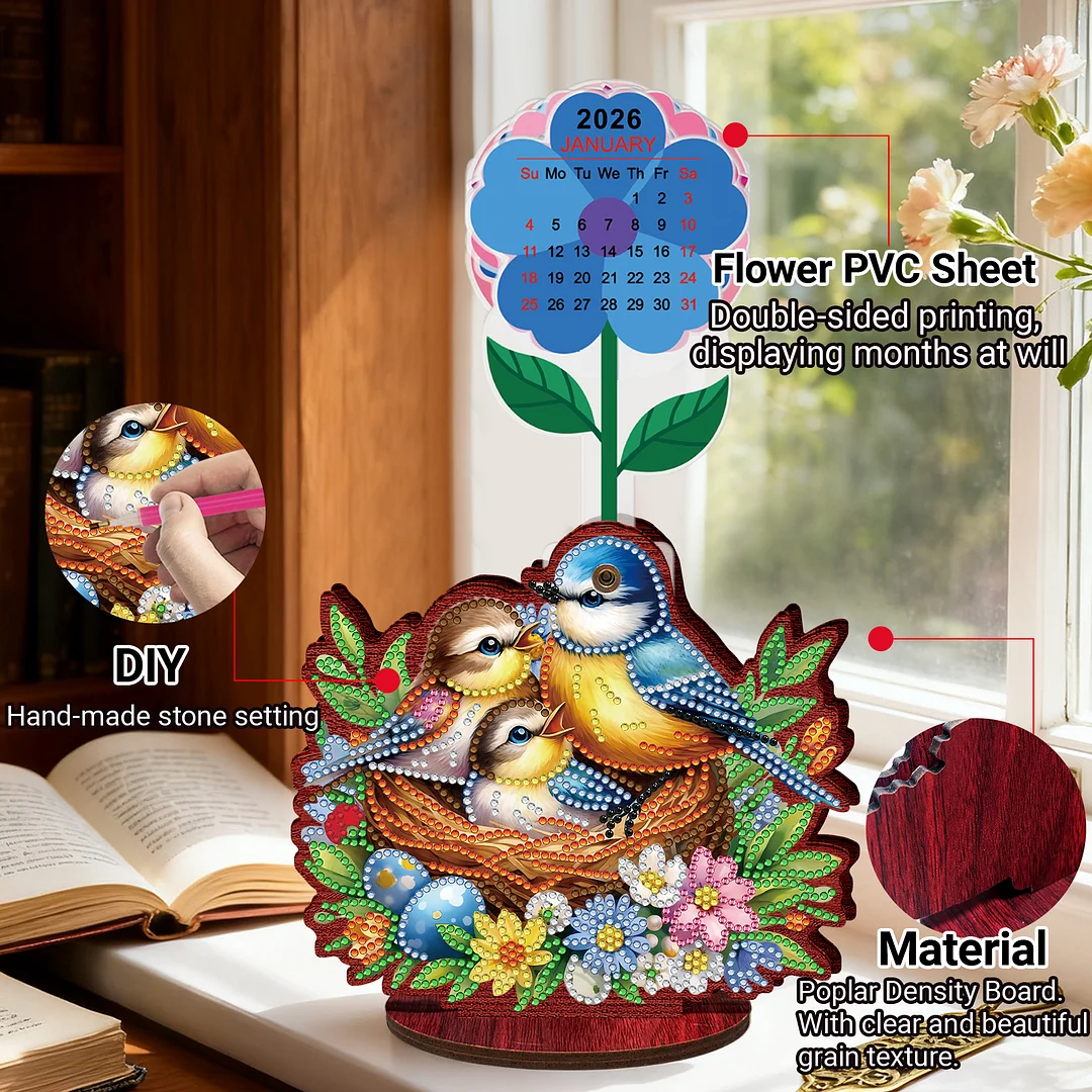 2026 Calendar DIY Diamond Painting Kit Bird Wooden Diamond Painting Calendar