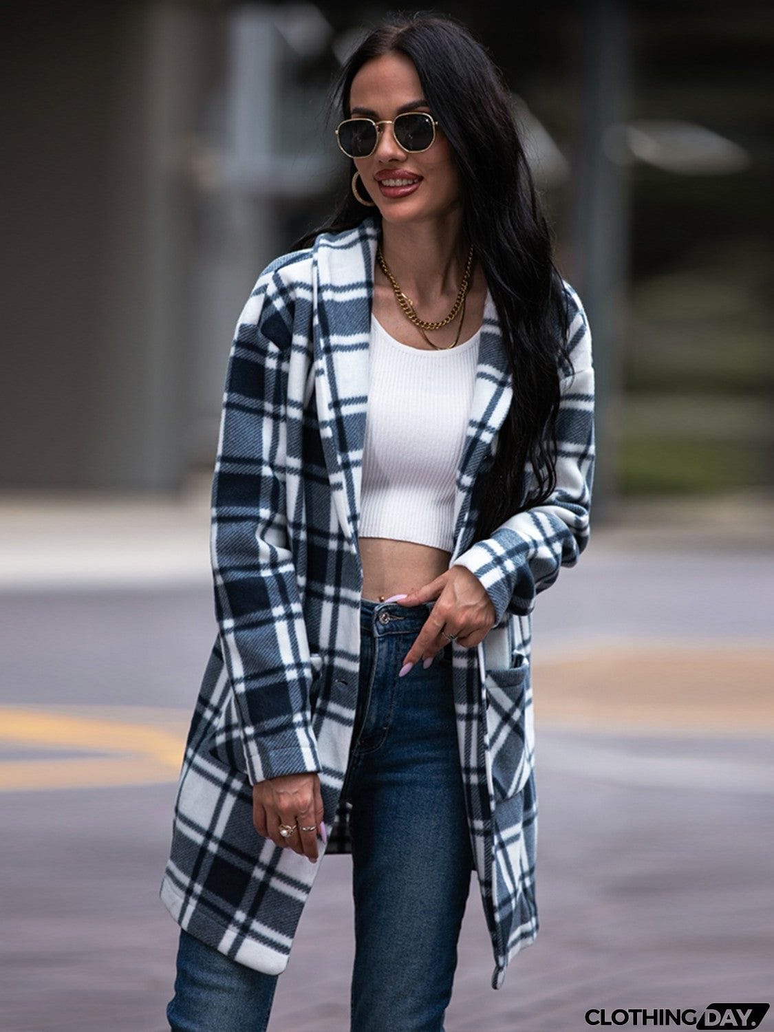 Plaid Shawl Collar Coat with Pockets