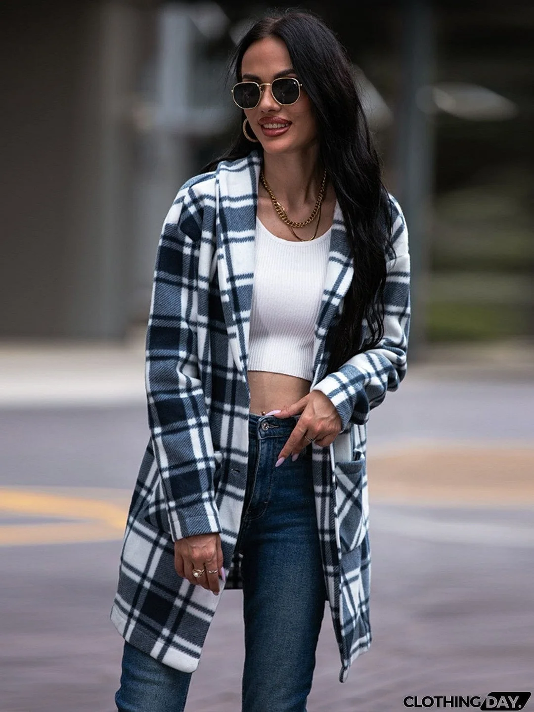 Plaid Shawl Collar Coat with Pockets
