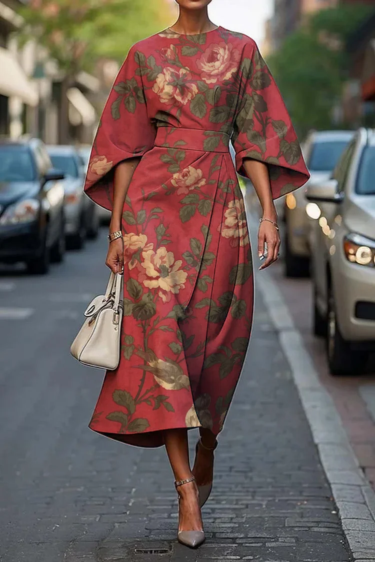 Women's Elegant Vintage Floral Print Midi Dress