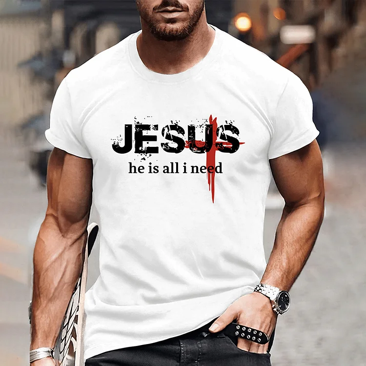 BrosWear Men's Jesus Alphabet Printed Short Sleeve  T-Shirt