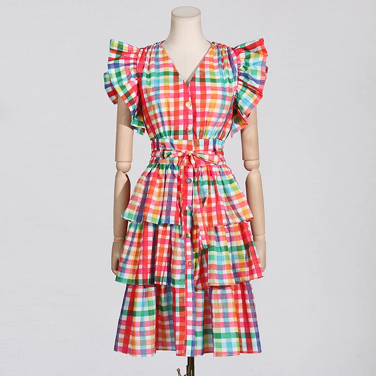 Colorful Plaid Fly Sleeve High Waist Mini Dress