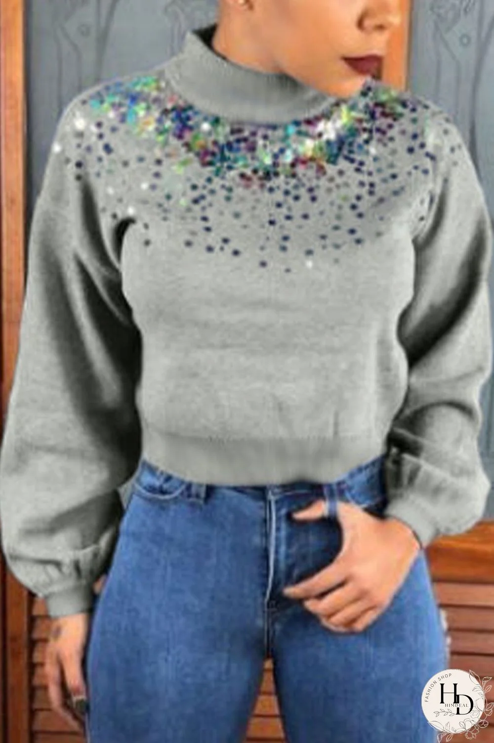 Grey Street Print Split Joint O Neck Tops