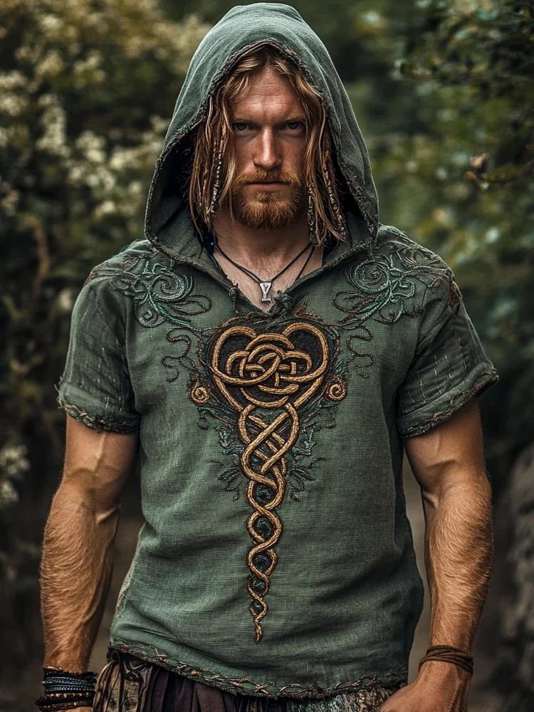 Vintage Celtic Knot Totem Men's Linen Short Sleeve Hooded Tank