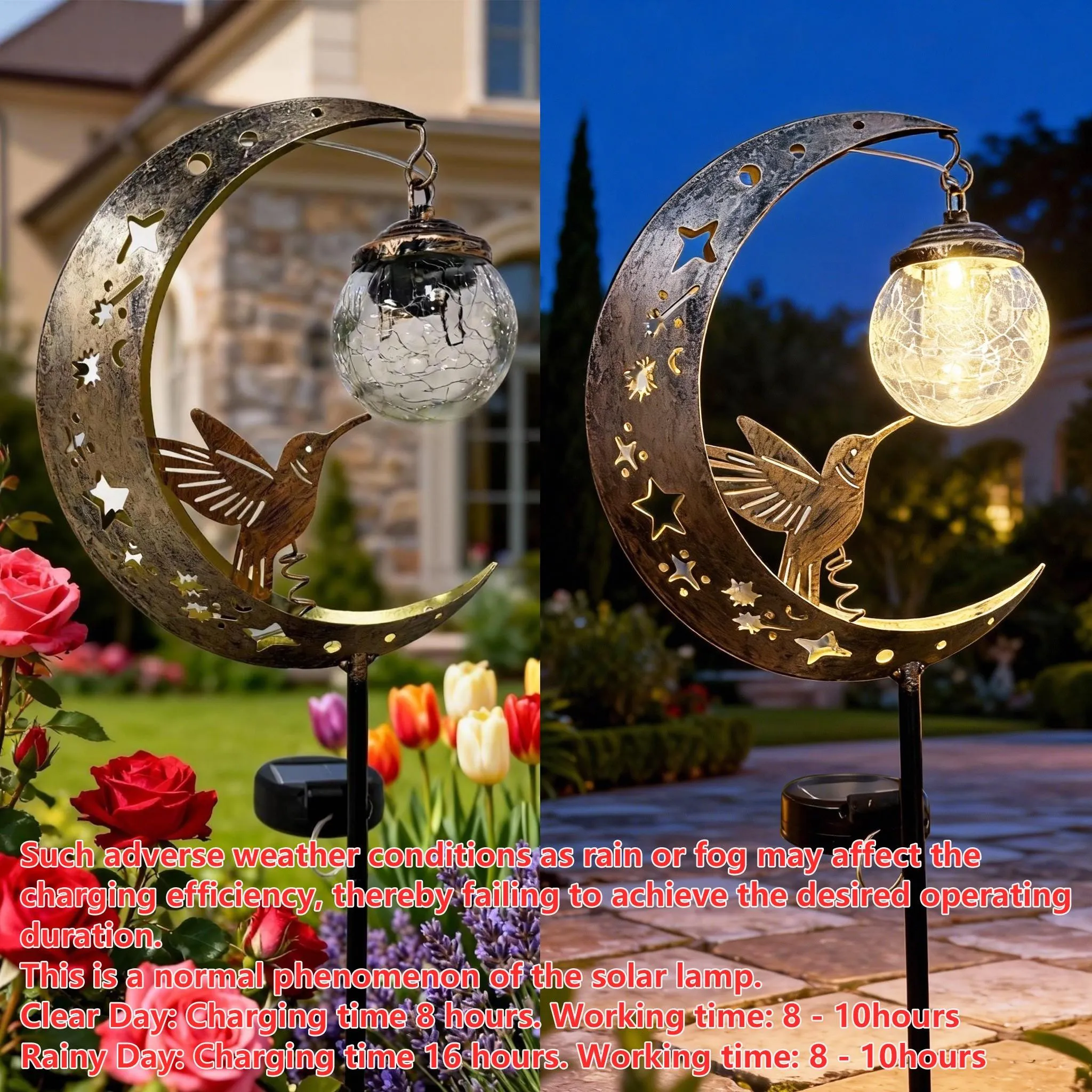 Solar Ground Stake Light, Lawn Decoration Lamp, Yard Lighting, Hollow Iron Bird Moon Design, Includes Broken Glass Ball, Outdoor Garden Pathway Decor, Solar Garden Lights, Garden Decorative Lighting