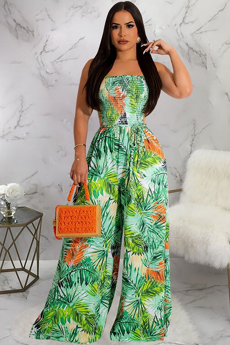 Strapless Tropical Print Ruched Sleeveless Wide Leg Jumpsuit
