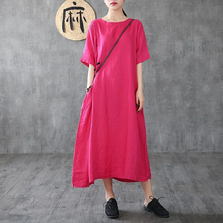 Loose rose linen Long Shirts short sleeve pockets Robe Dresses