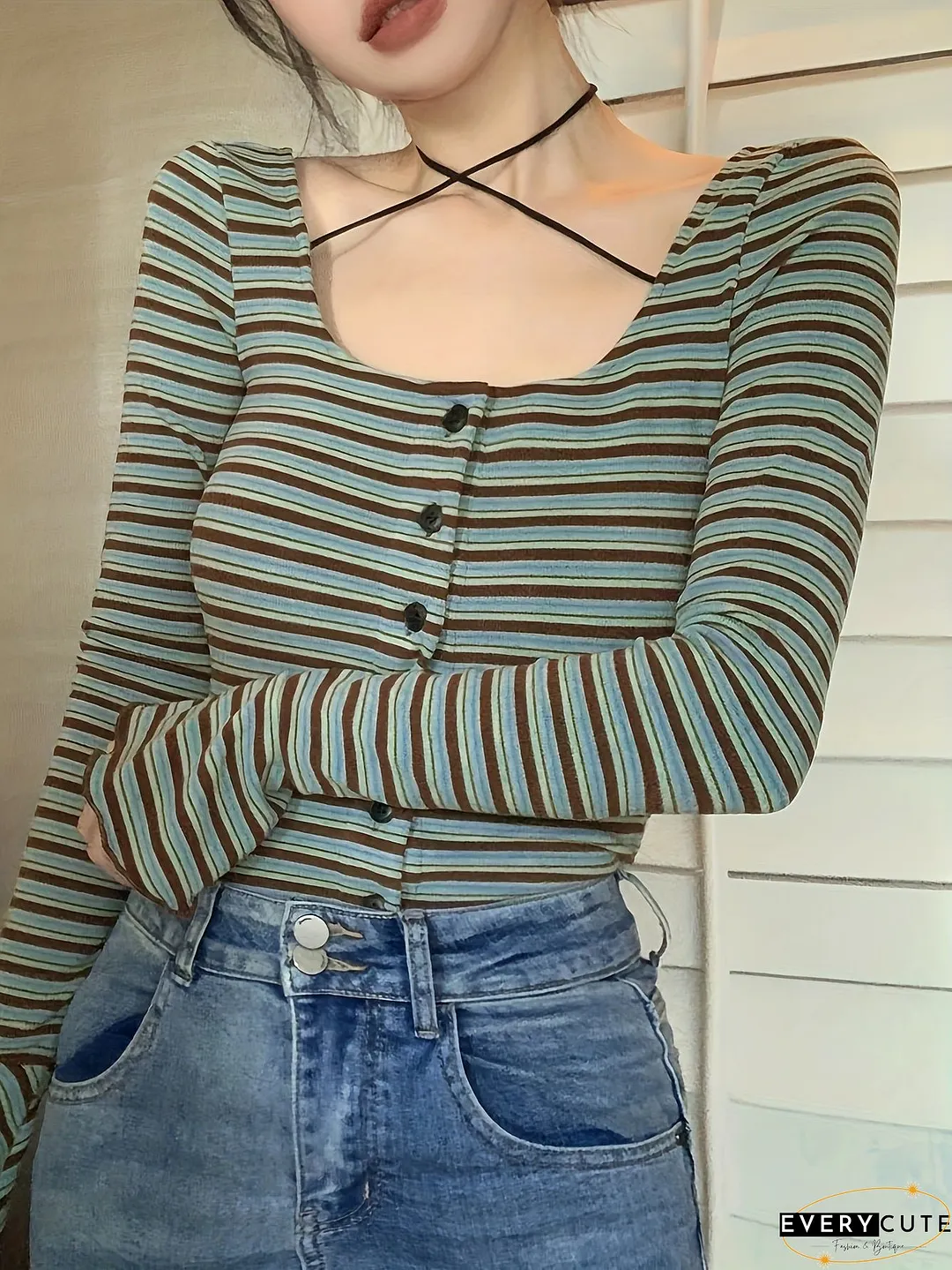 Striped Print Button Front T-Shirt Casual Cross Tie Neck Long Sleeve For Spring Fall