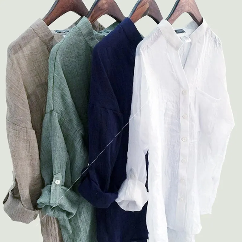 Brownm Fresh Loose Cotton Linen Three-quarter Temperament Commute Sleeve Collar Women's Shirt