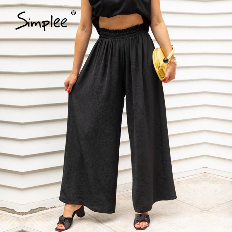Simplee Solid color high waist wide leg pants women Loose casual summer pants trousers Classic ruffled soft long female bottoms