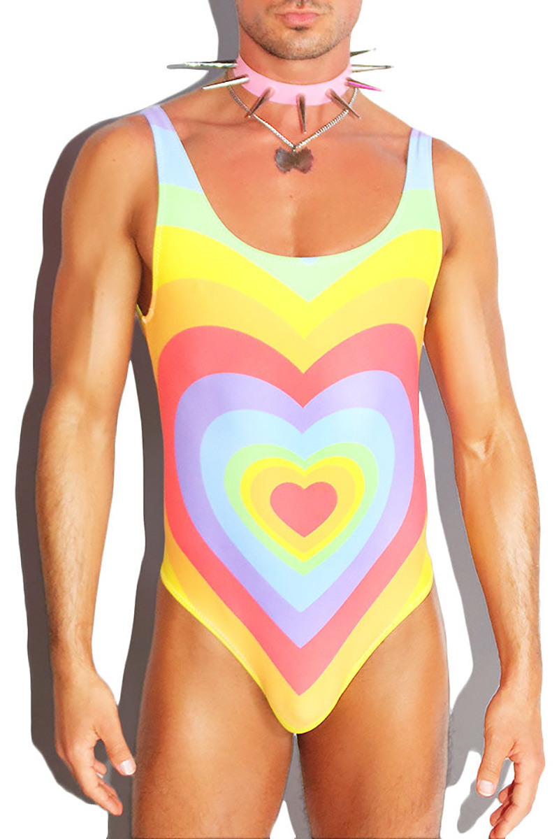 Rainbow Heart Shape Pattern Print Backless Sleeveless Bodysuit