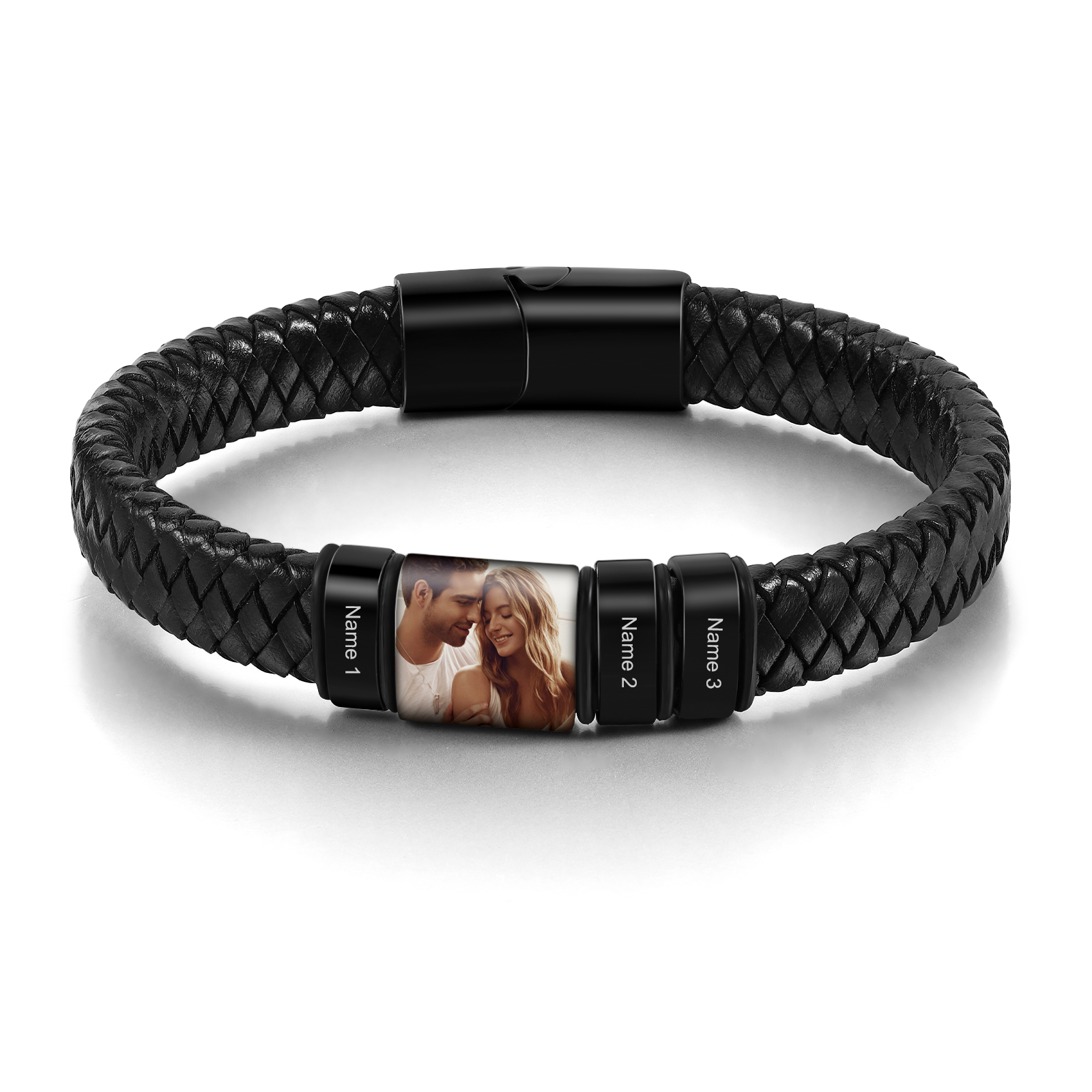 3 Names - Personalised Men's Leather Bracelet Custom Photo Braided Bracelet Gift for Him