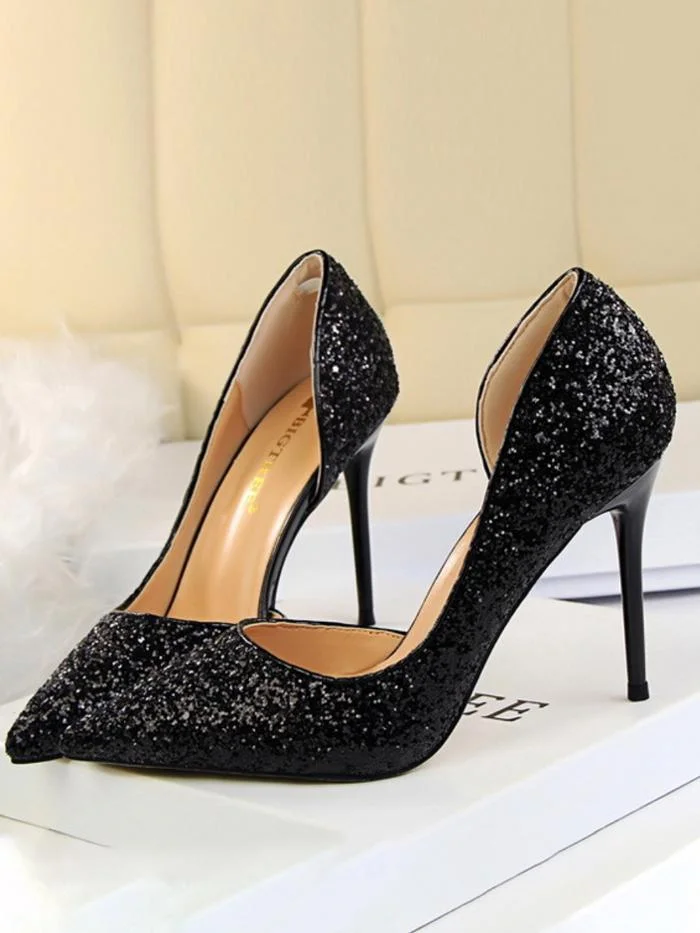 Sexy stiletto high-heeled shallow pointy side hollow sequin single shoes