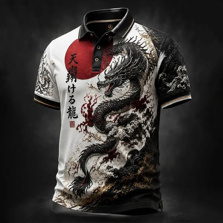 Men's Retro Dragon Pattern Oriental Art Print Short-sleeve Polo Shirt