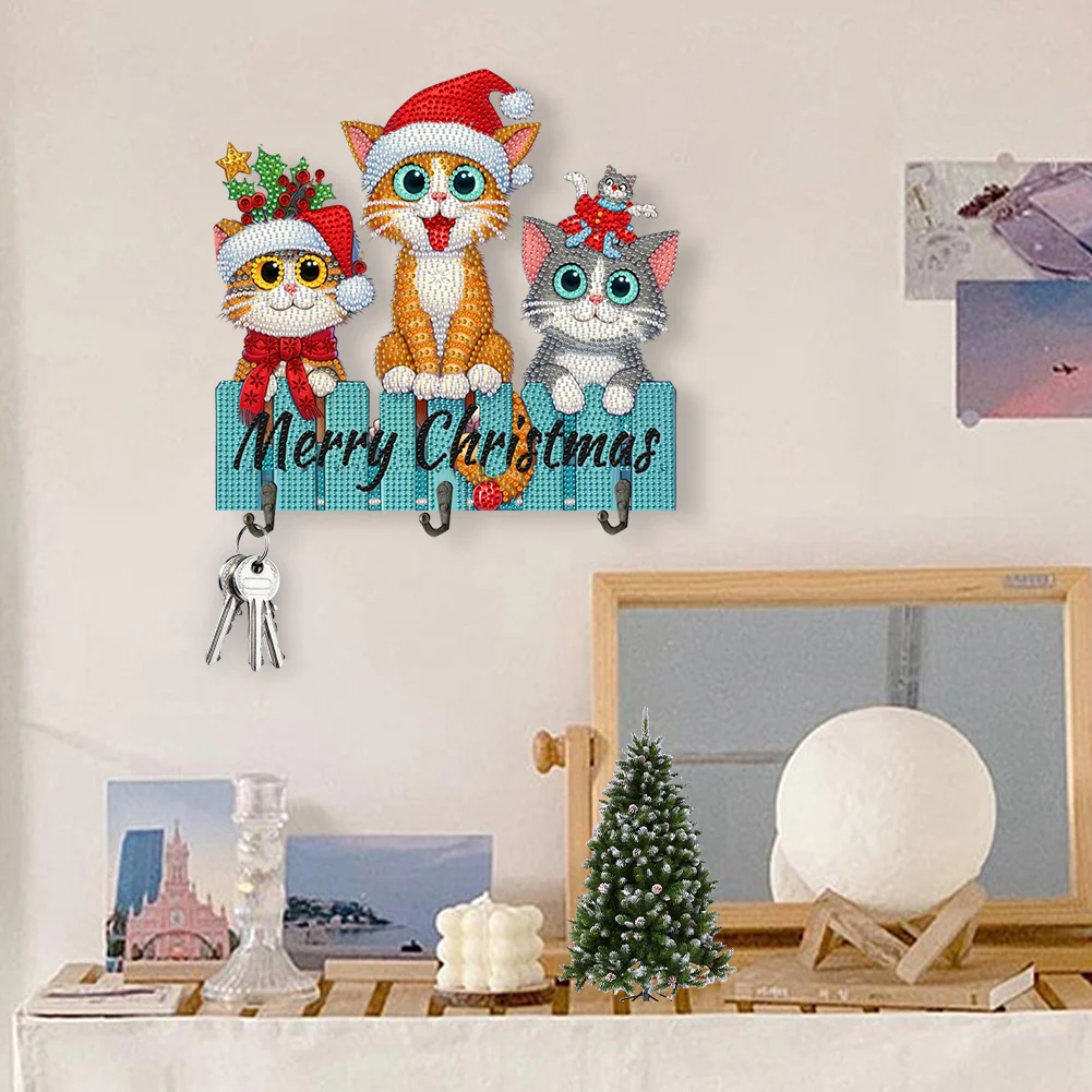 DIY Christmas Cat Wooden Christmas Diamond Art Hanging Hooks Home Decor