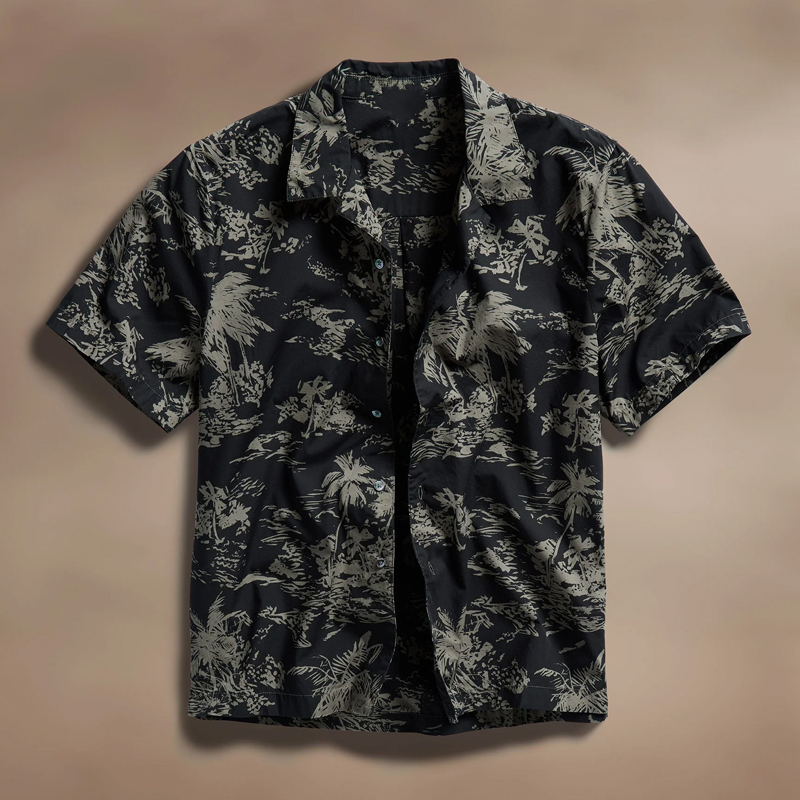 Men's Black Tropical Print Short Sleeve Shirt