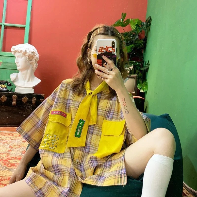 Korean Fashion Plaid Loose Shirt+Tie SP16354