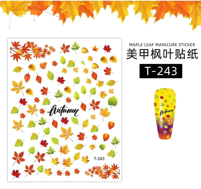 1pcs Fall Maple Leaves Nail Stickers 3D Yellow Gold Fall DIY Sliders Nail Art Decoration Autumn  Adhesive Manicure Nail Decals-Nail Inspo