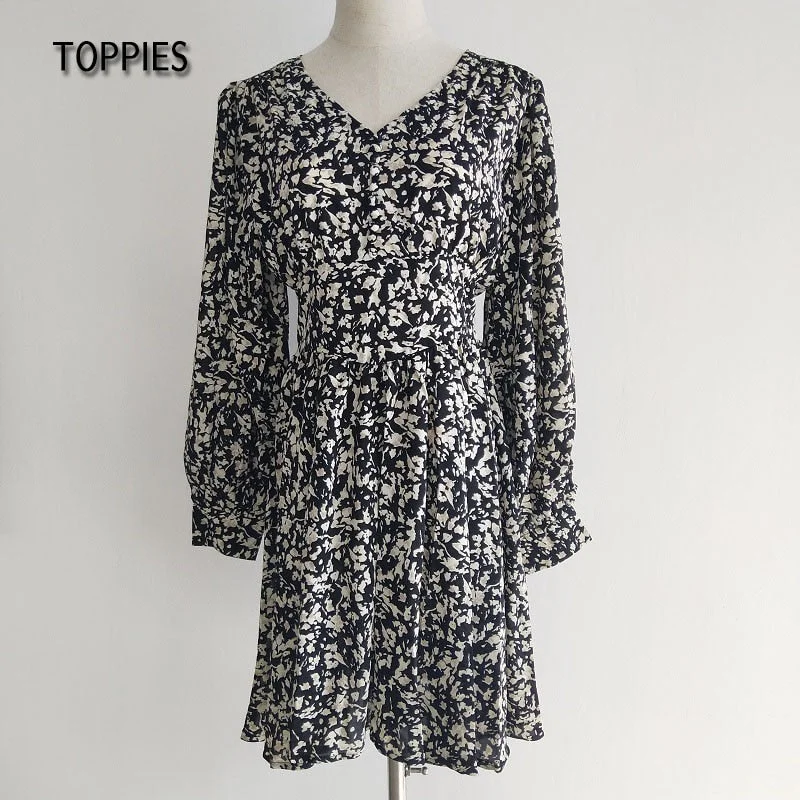 Toppies 2021 Mini Dress Sexy V Neck Long Sleeve Vintage Floral Print Sundress Women Sweet Crushed Floral Dress