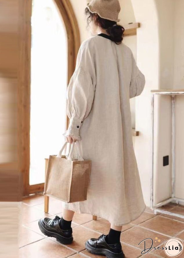 Organic Beige Lace Up Button Patchwork Linen Dress Lantern Sleeve