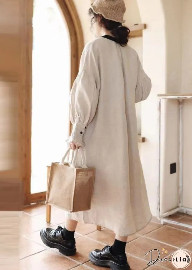 Organic Beige Lace Up Button Patchwork Linen Dress Lantern Sleeve