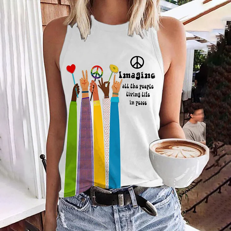 Comstylish Retro Hippie Imagine All The People Living Life In Peace Print Tank Top