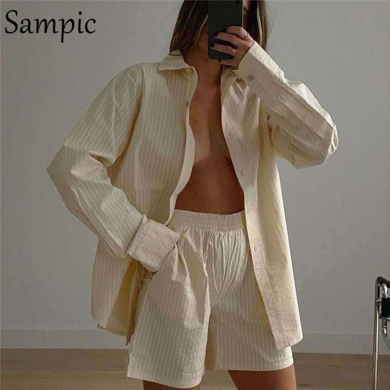 Sampic Casual Womem Yellow Lounge Wear Summer Tracksuit Shorts Set Long Sleeve Shirt Tops And Mini Shorts Suit Two Piece Set