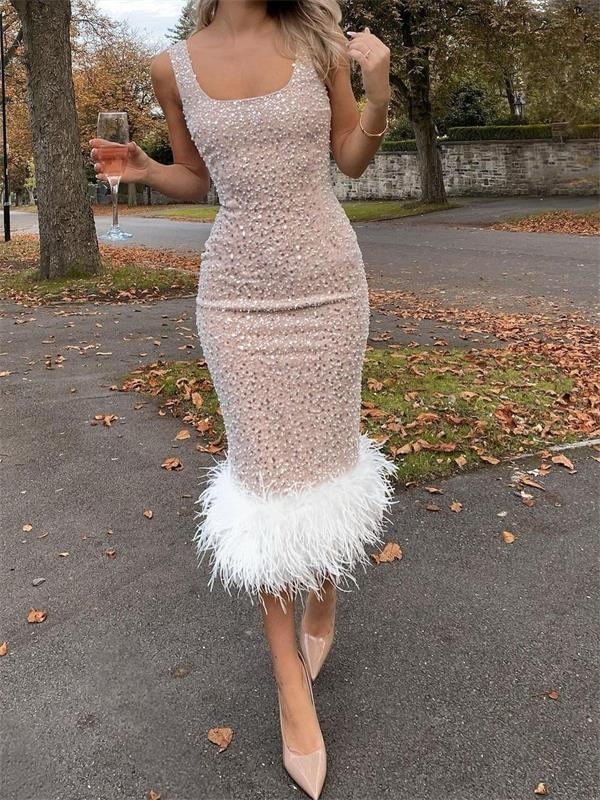 Fashion Pearl Feather Panel Sequin Dress