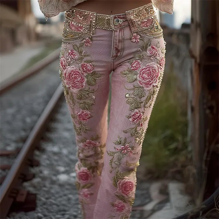 Pink Roses Glitter Embroidered Washed Bootcut Jeans