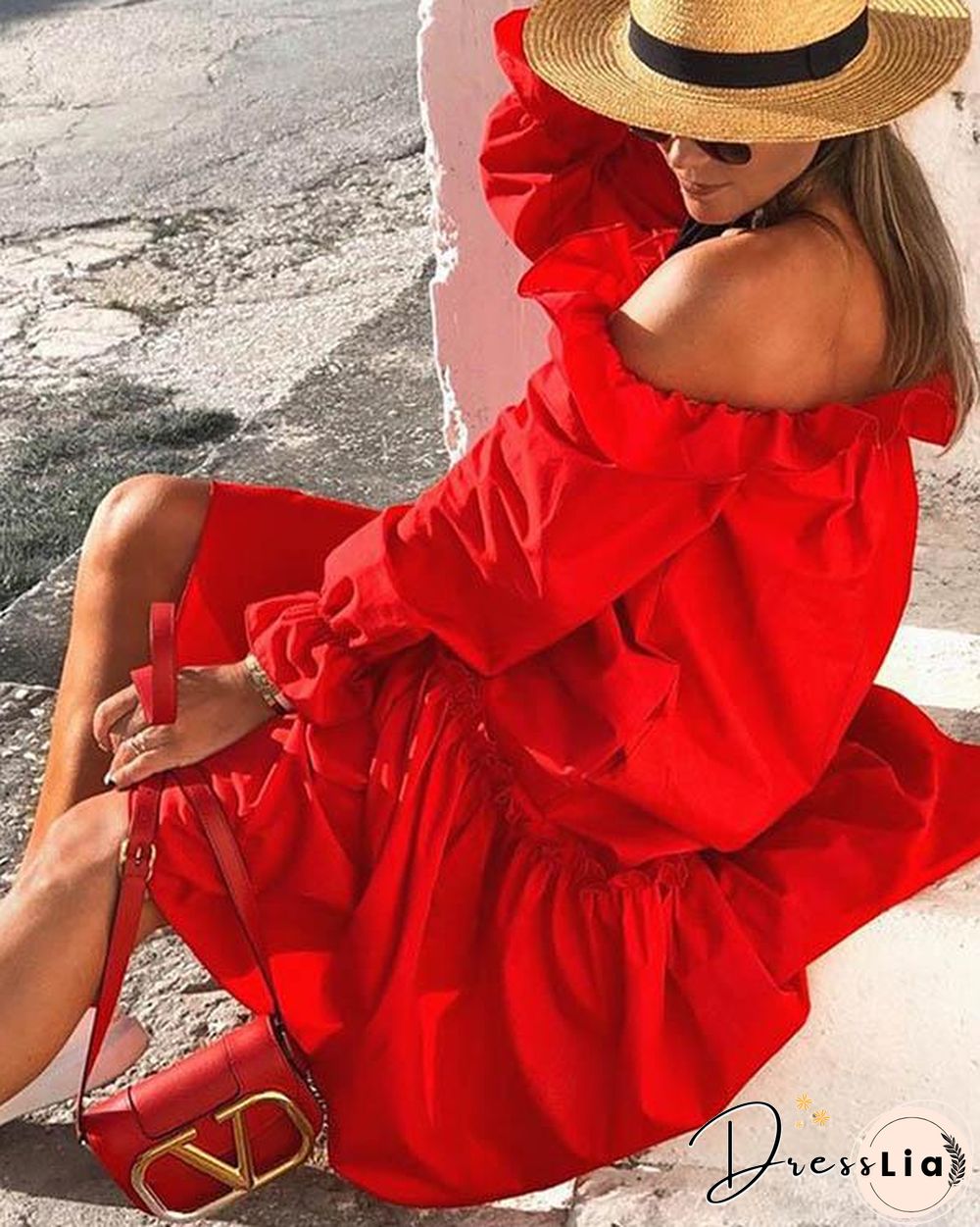 Solid Off Shoulder Irregular Ruffle Dress