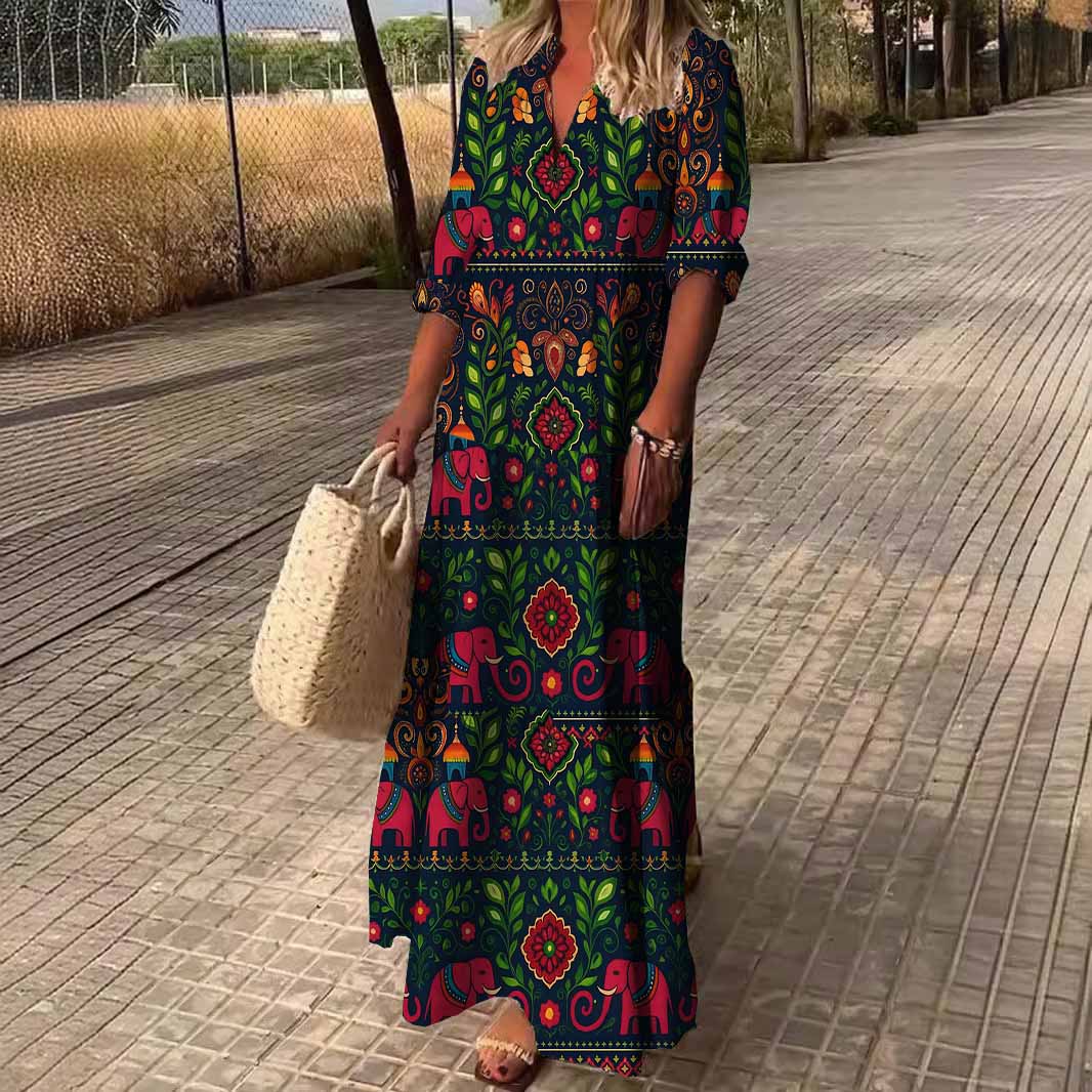 Women Still, Black, Magenta DZDN0098 SPU Printed Long Sleeve V-neck Maxi Dress