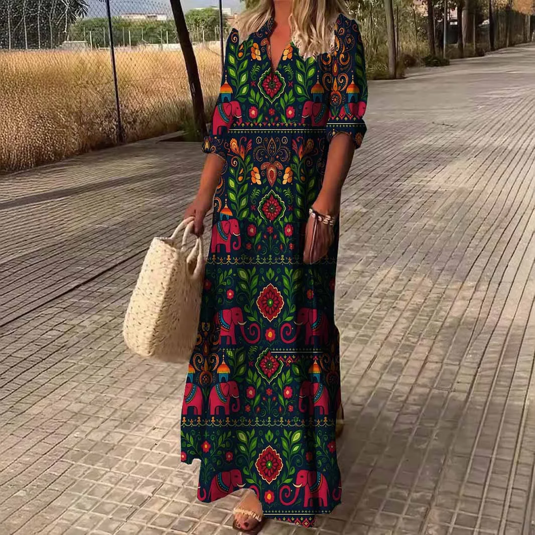 Women Still, Black, Magenta DZDN0098 SPU Printed Long Sleeve V-neck Maxi Dress