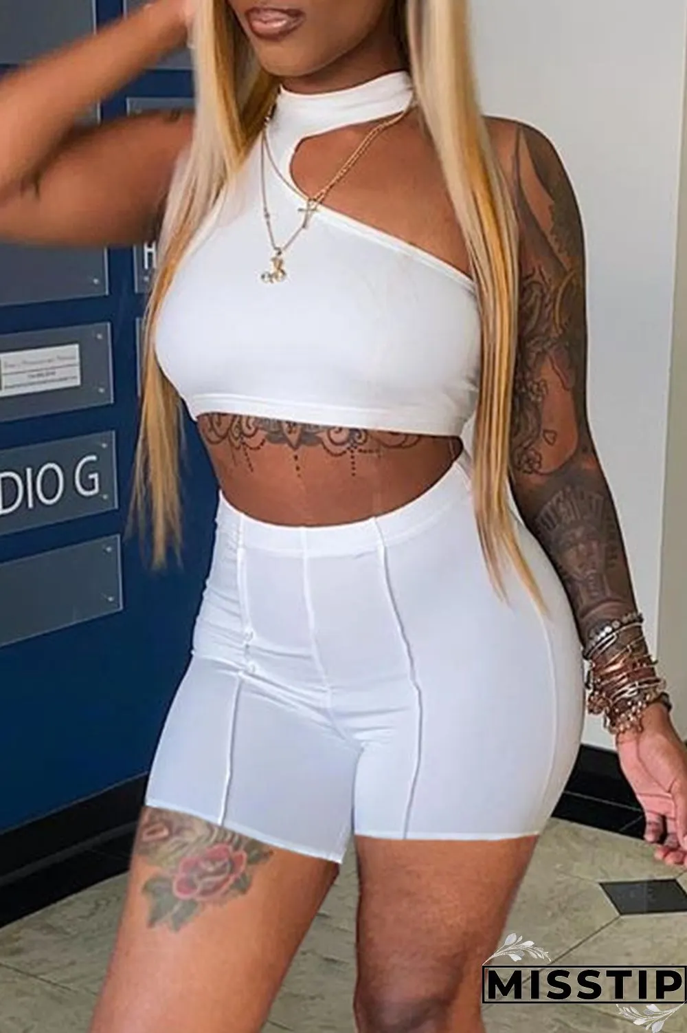 Orange Sexy Casual Solid Hollowed Out Half A Turtleneck Sleeveless Two Pieces