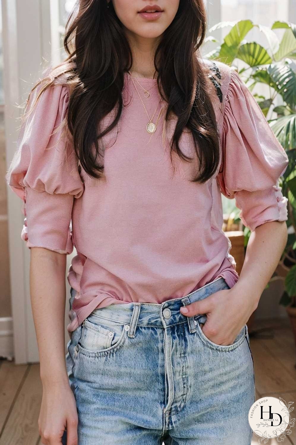 solid color button loose casual round neck t shirt