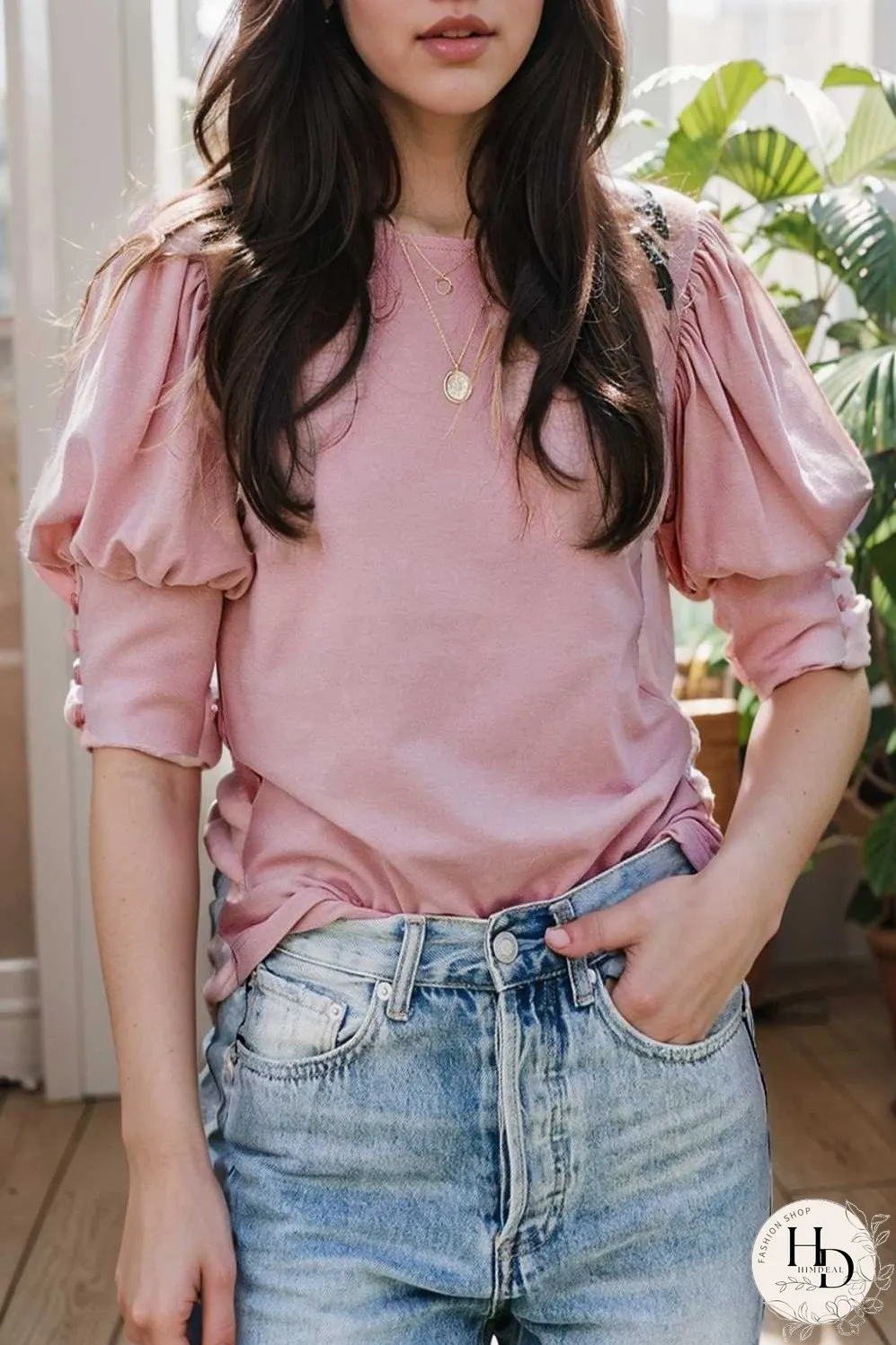 solid color button loose casual round neck t shirt
