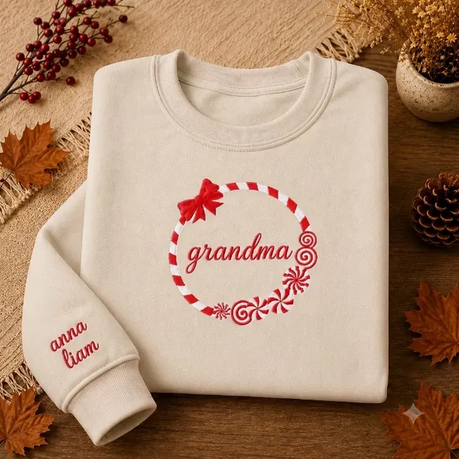 Personalized Grandma Christmas Sweatshirt, Embroidered Candy Cane Heart Pullover, Custom Grandchildren Names Sleeve Holiday Gift