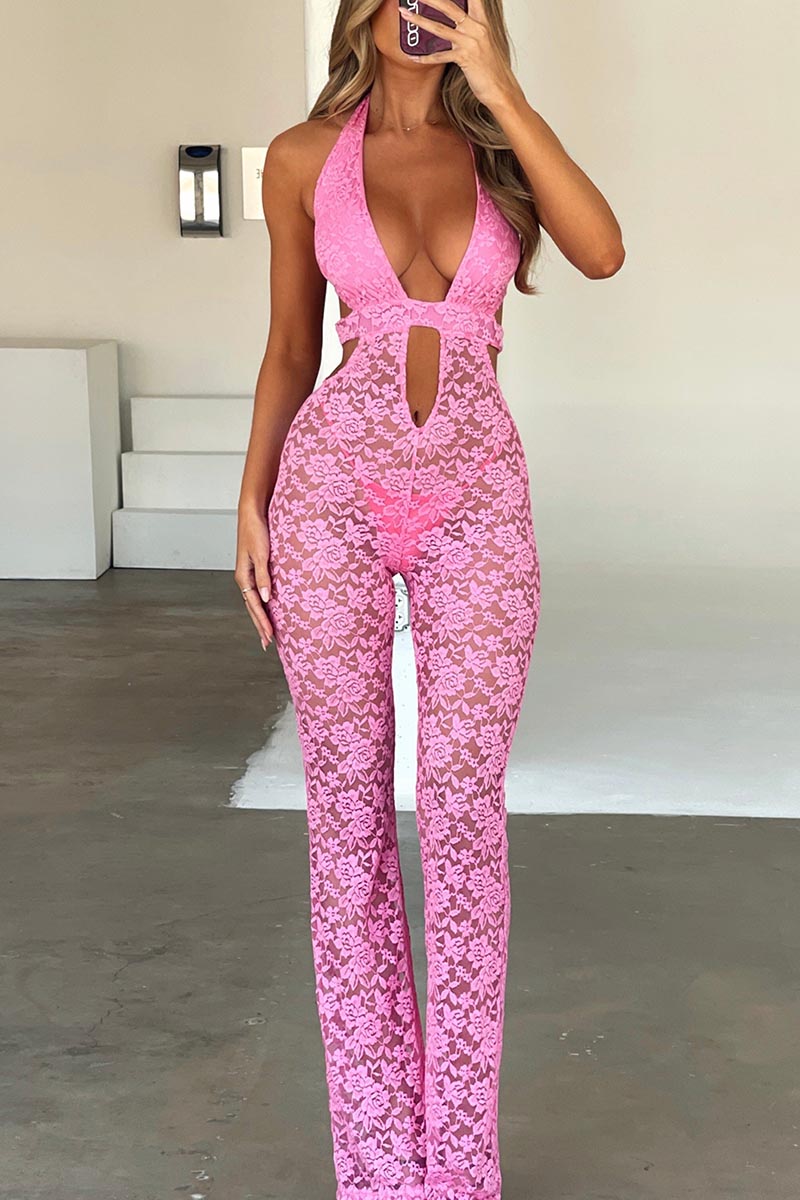 Irregular Halter Backless Tied Up Floral Jacquard Lace Party Slim-Fit Jumpsuit-Pink