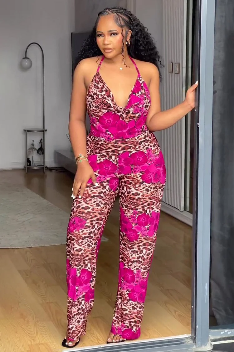 Leopard Floral Print Halter Cowl Neck Vacation Jumpsuit-Fuchsia [Pre Order]