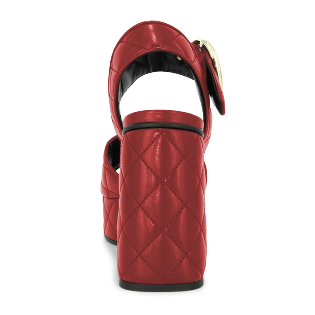 Padded Vegan Leather Platform Strappy Block Heel Sandals in Red