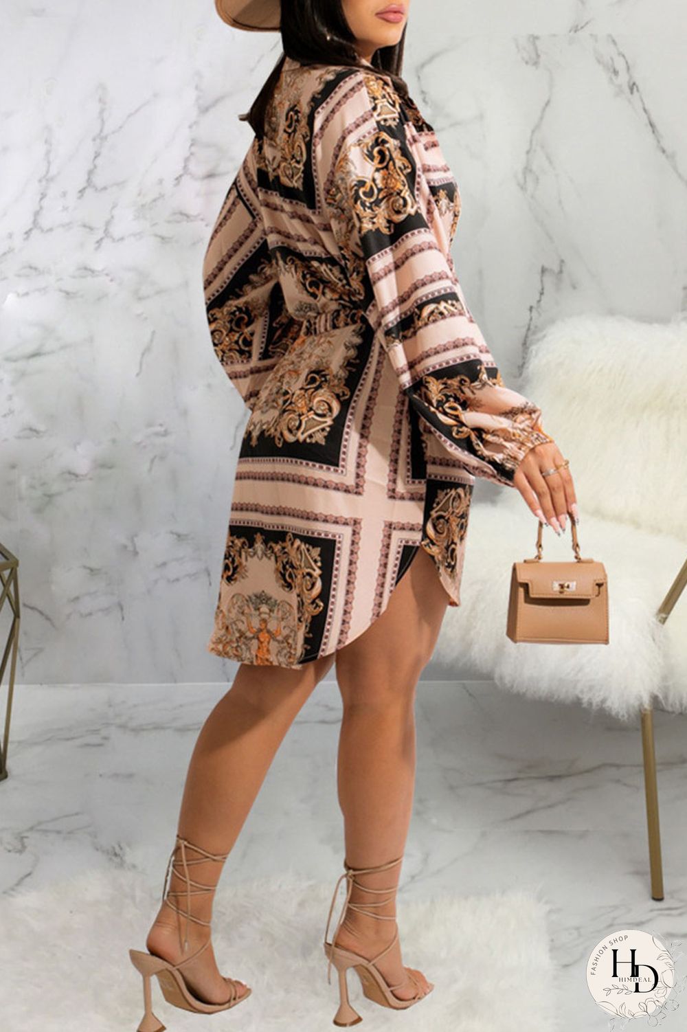 Multicolor Casual Print Split Joint Buckle Turndown Collar Shirt Dress Dresses