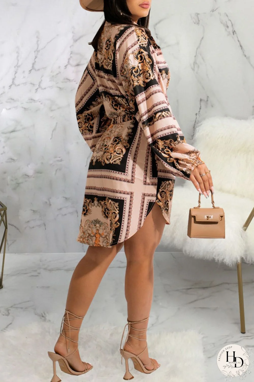 Multicolor Casual Print Split Joint Buckle Turndown Collar Shirt Dress Dresses