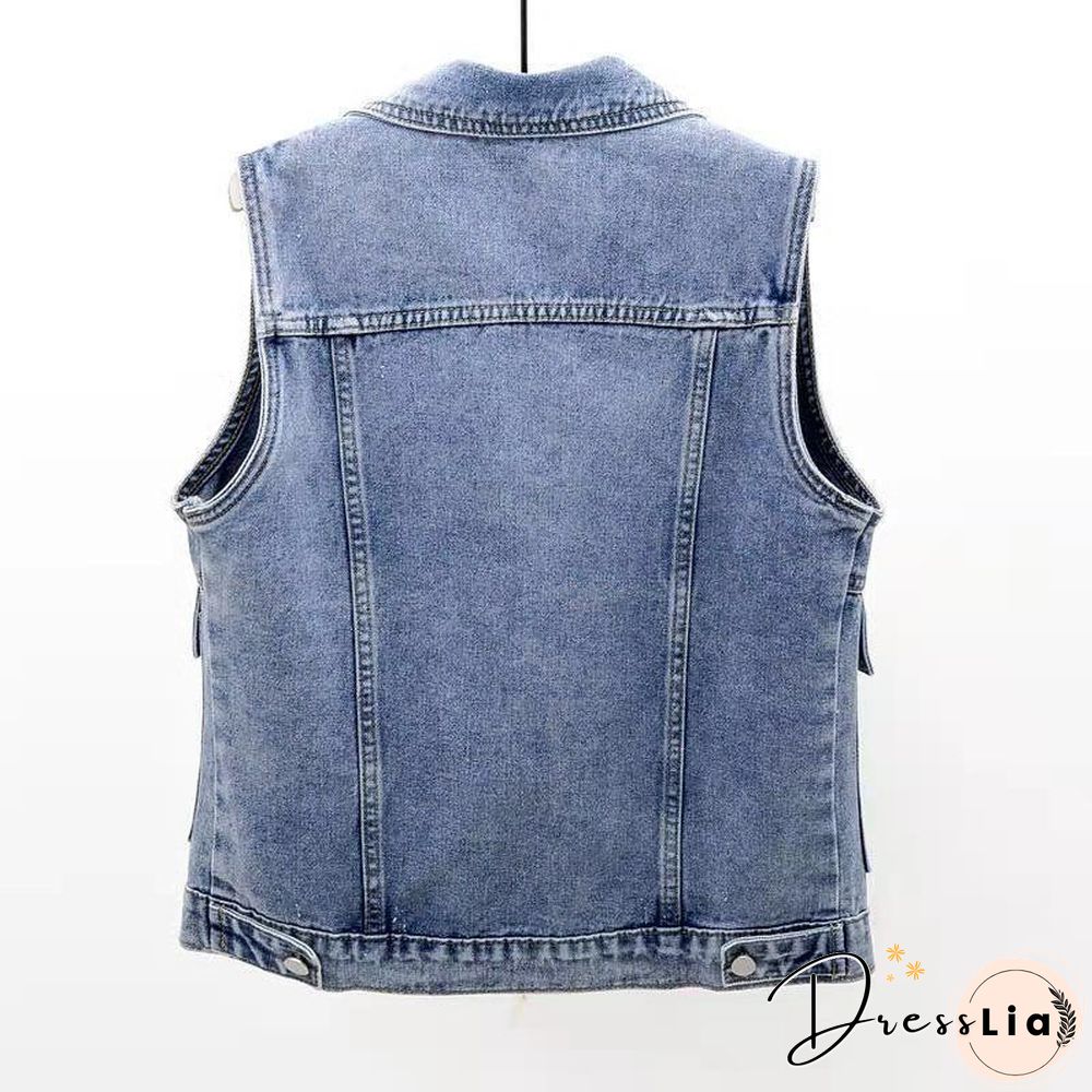 Women's Vest Big Pocket Jean Top Plus Size Spring Summer Waistcoat Blue Turn-down Collar Loose Denim Sleeveless Jacket Woman