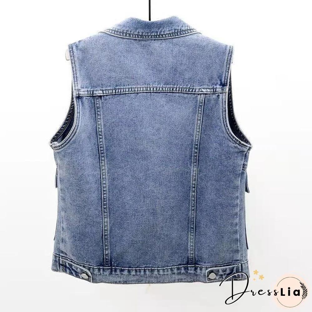 Women's Vest Big Pocket Jean Top Plus Size Spring Summer Waistcoat Blue Turn-down Collar Loose Denim Sleeveless Jacket Woman