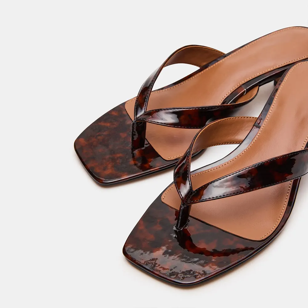 Tortoise Print Open Square Toe Slide Sandals with Kitten Heels