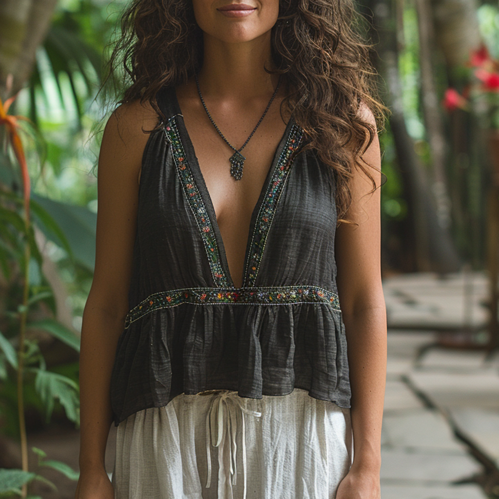Simple V-neck Sleeveless Shirt, Comfortable And Breathable Linen Top