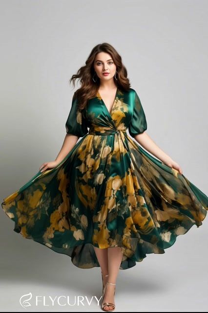 Flycurvy Plus Size Wedding Guest Emerald Green Organza Floral Print Wrap Puff Sleeve Maxi Dress- Flycurvy Flycurvy Plus Size Wedding Guest Emerald Green Organza Floral Print Wrap Puff Sleeve Maxi Dress- Flycurvy